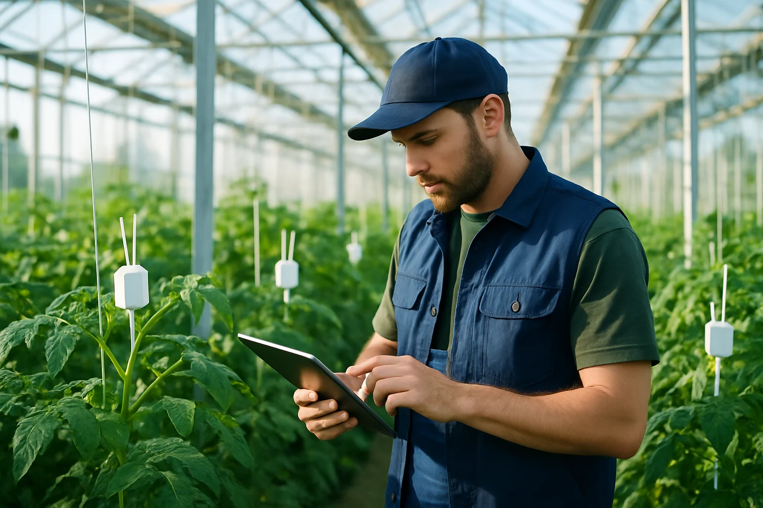 スマート農業のIoTセンサーが設置された温室と、タブレットで作物の生育状況を確認する農家の様子