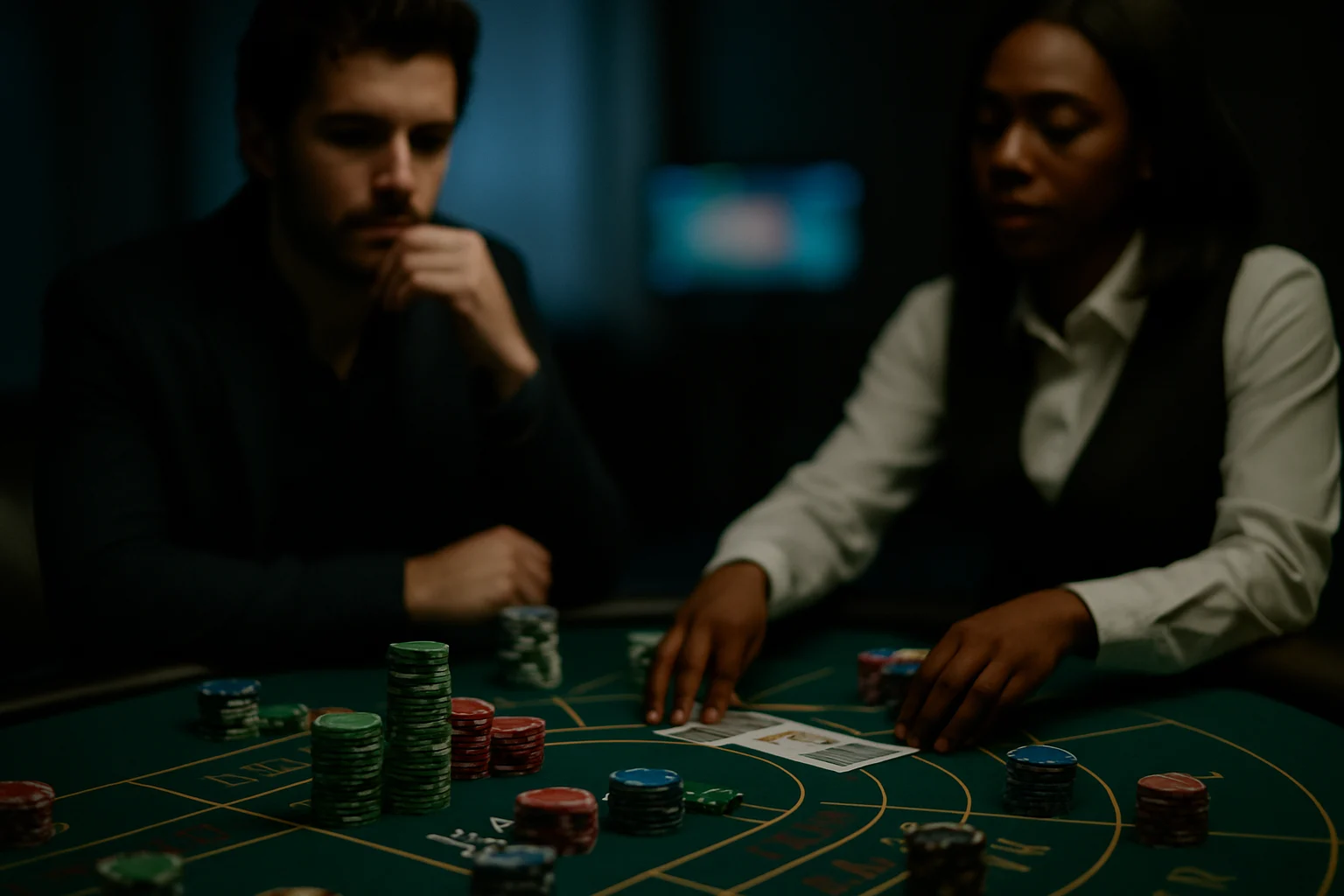 百家樂平注法示意圖:玩家在牌桌前以固定籌碼下注的場景