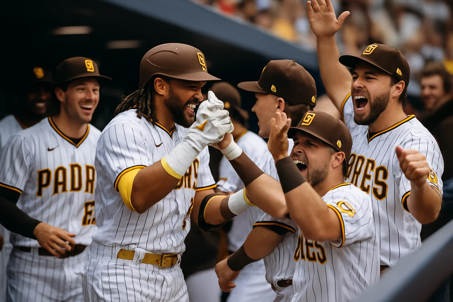 San Diego Padres team celebration in dugout after walk-off grand slam victory with players embracing