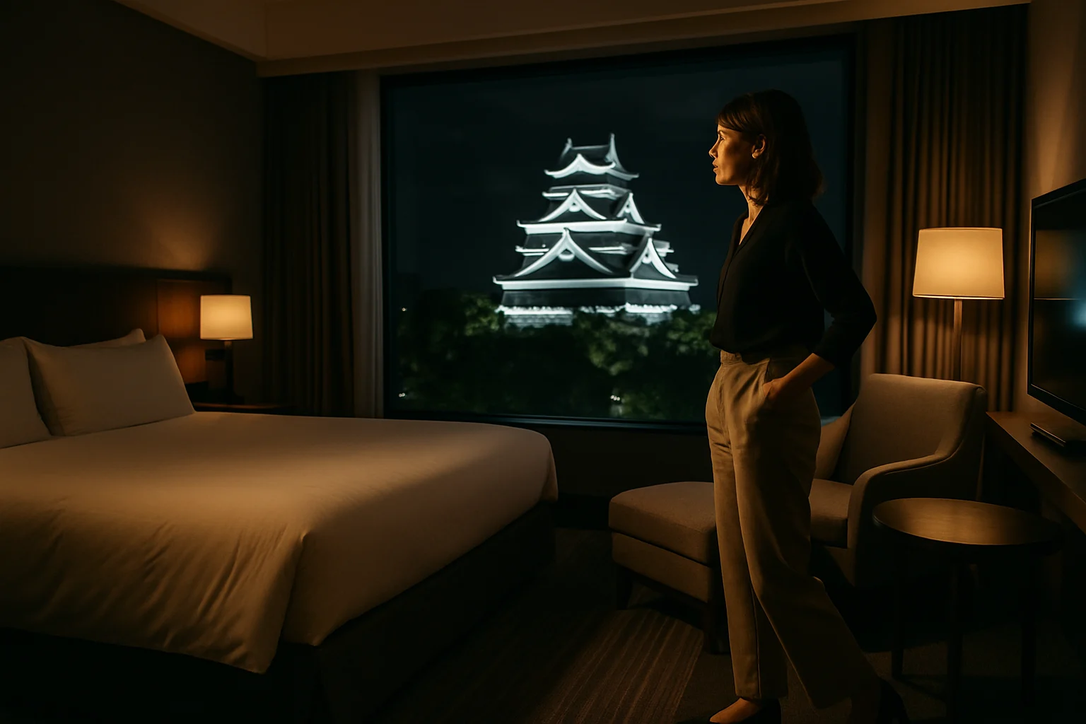 熊本城を望む高級ホテルの客室から見える夜景