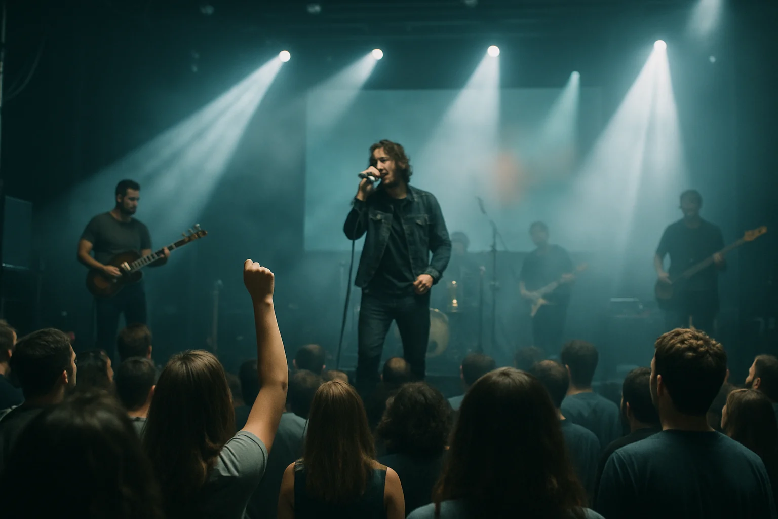 觀眾戴著VR頭盔在威秀影城體驗LE SSERAFIM VR演唱會,畫面色彩繽紛