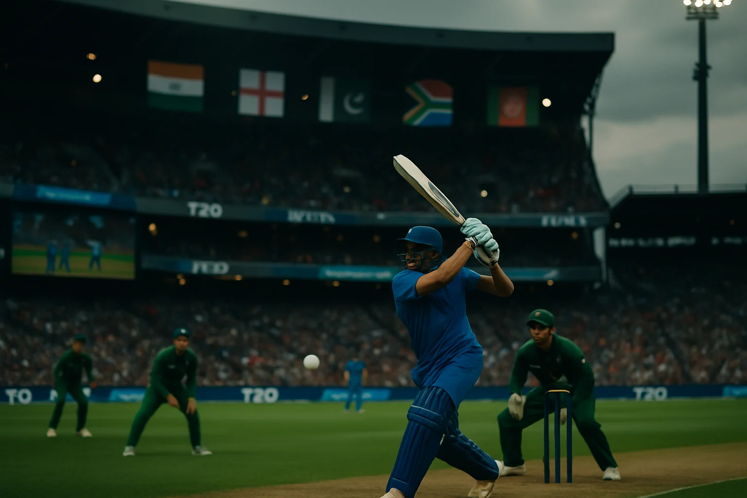 International T20 cricket stadium with flags of different nations