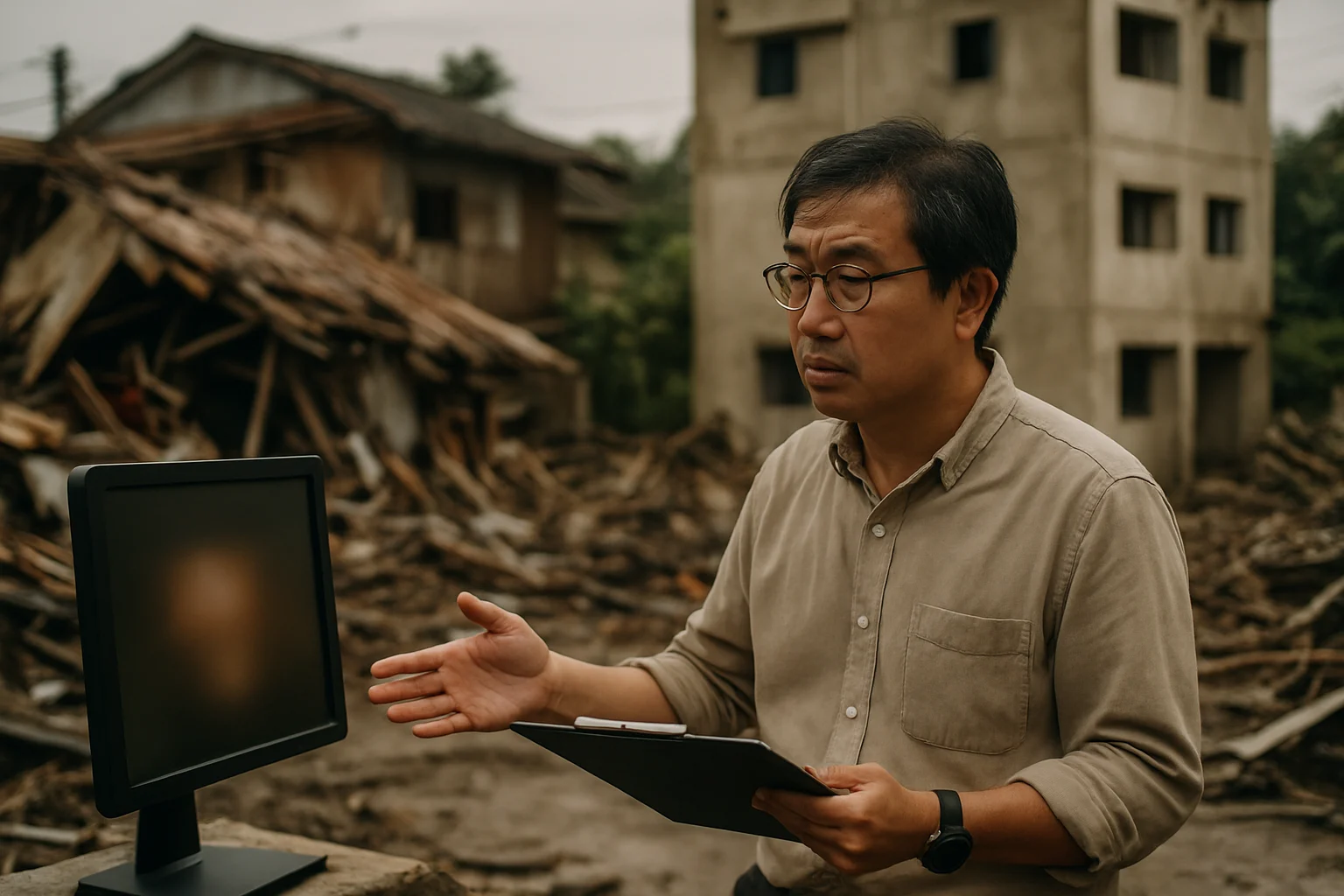 台風による建物被害の比較写真、木造住宅と鉄筋コンクリート造の違いを示す