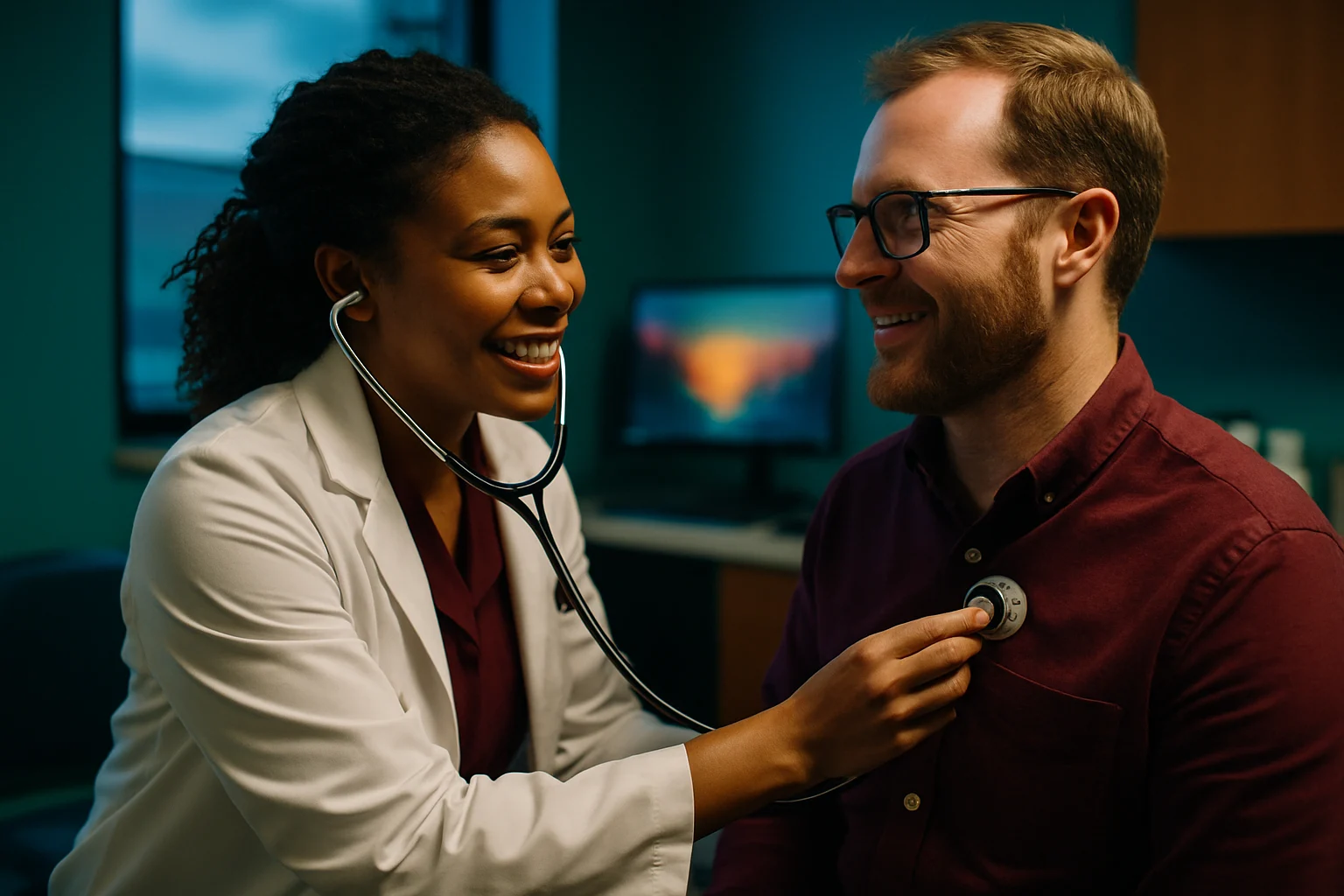 医生用听诊器检查患者心肺功能