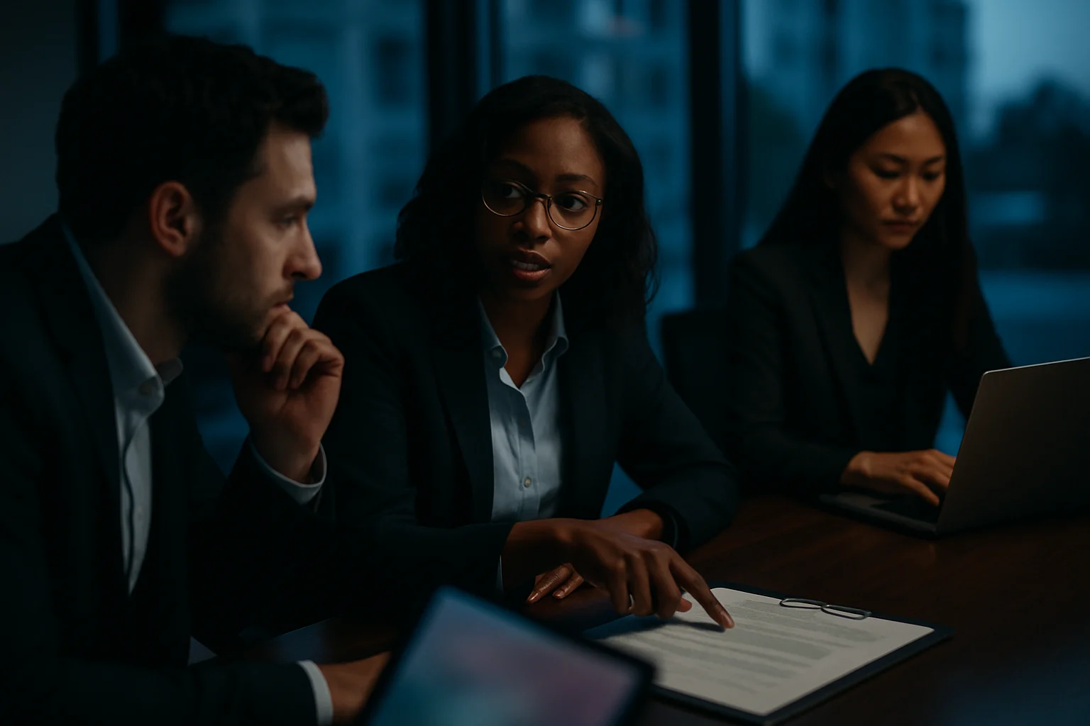 企业合规团队讨论新规定实施方案的会议场景