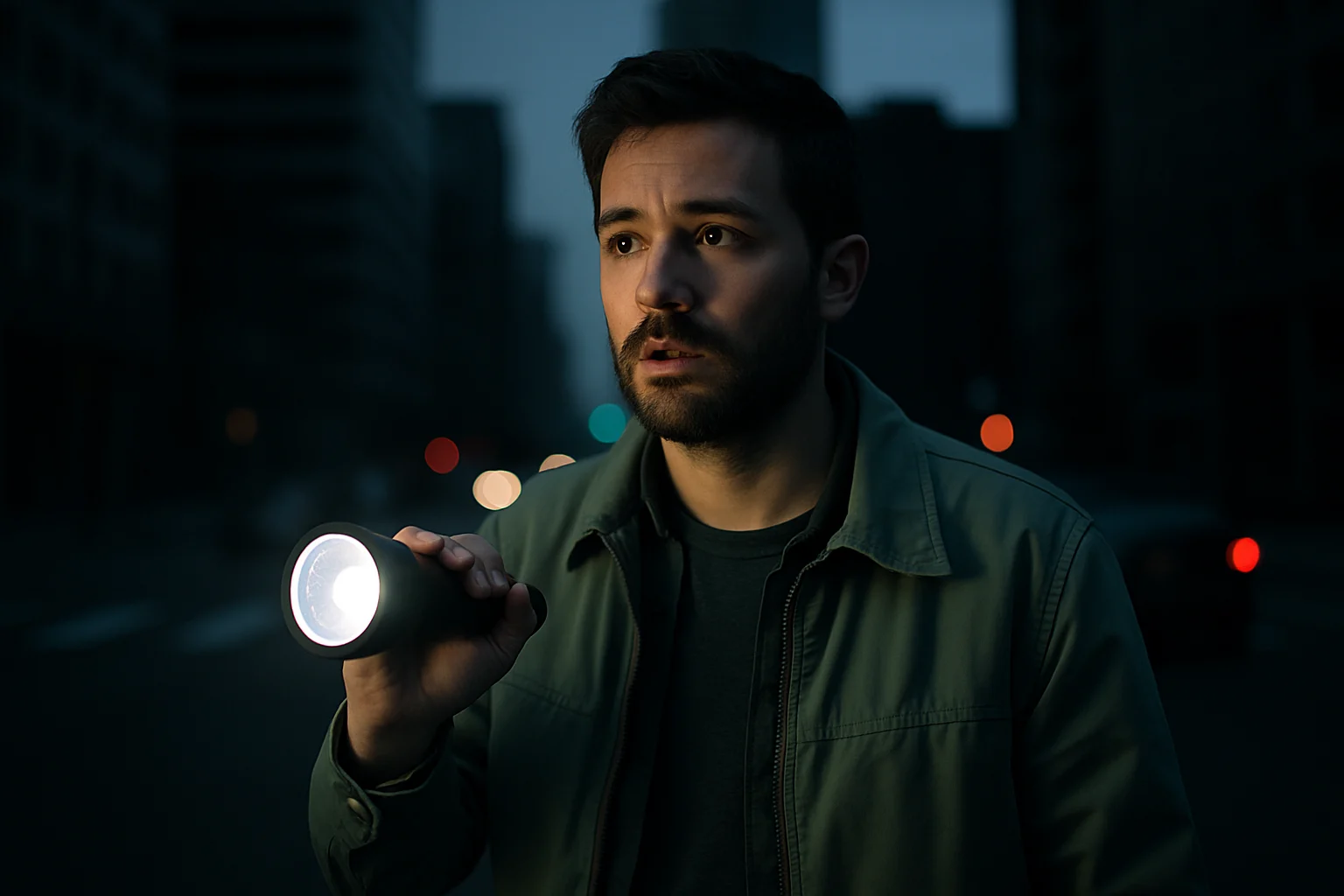 台中市區夜晚大規模停電,街道陷入黑暗,住宅窗戶無燈光