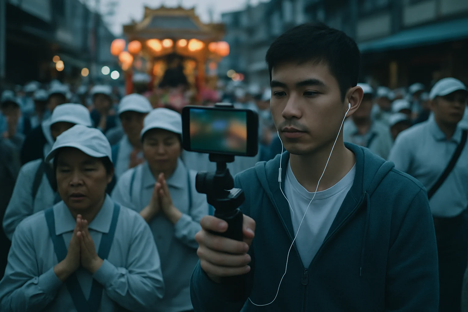 白沙屯媽祖遶境現場人潮與直播主拍攝畫面