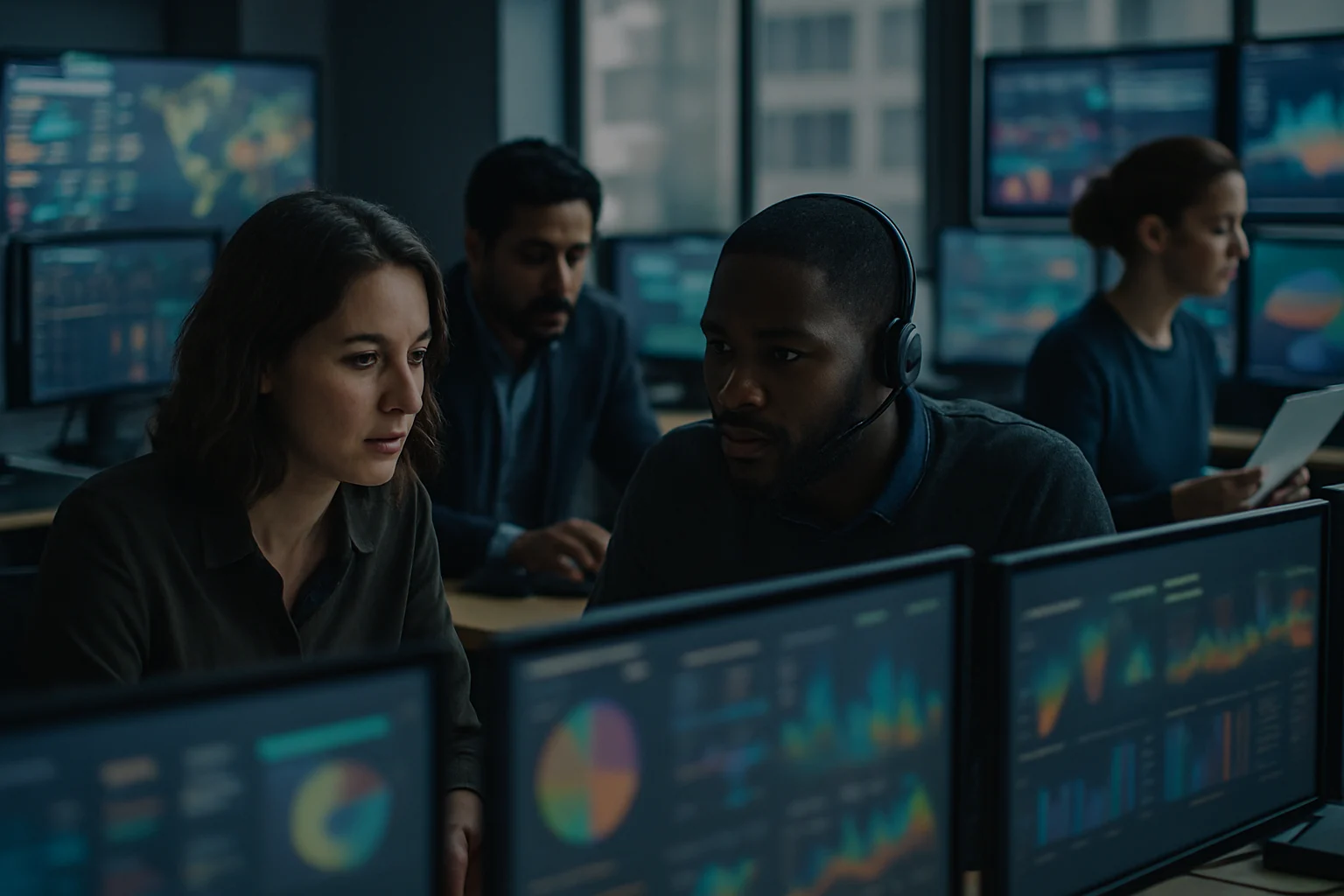 三立新聞網數據新聞團隊使用多螢幕分析房價實價登錄數據並製作視覺化圖表