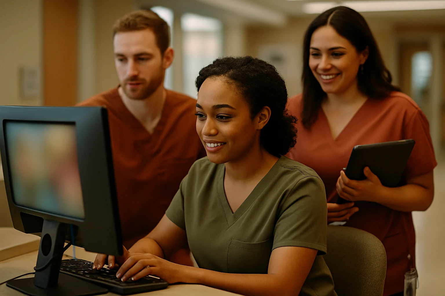 台灣醫院護理師站在護理站前查看電子病歷系統的工作畫面