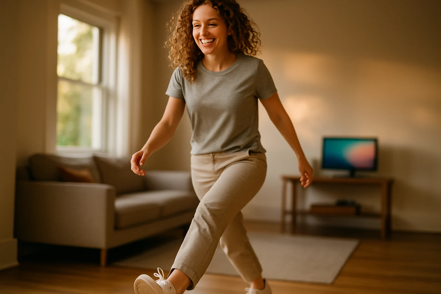 年轻人推开房门走向春日阳光街道的温馨画面