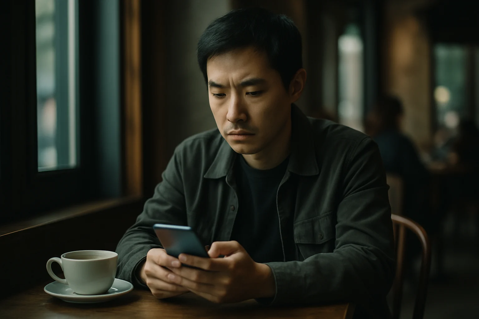 海外华人在咖啡厅用手机关注中日外交新闻的场景