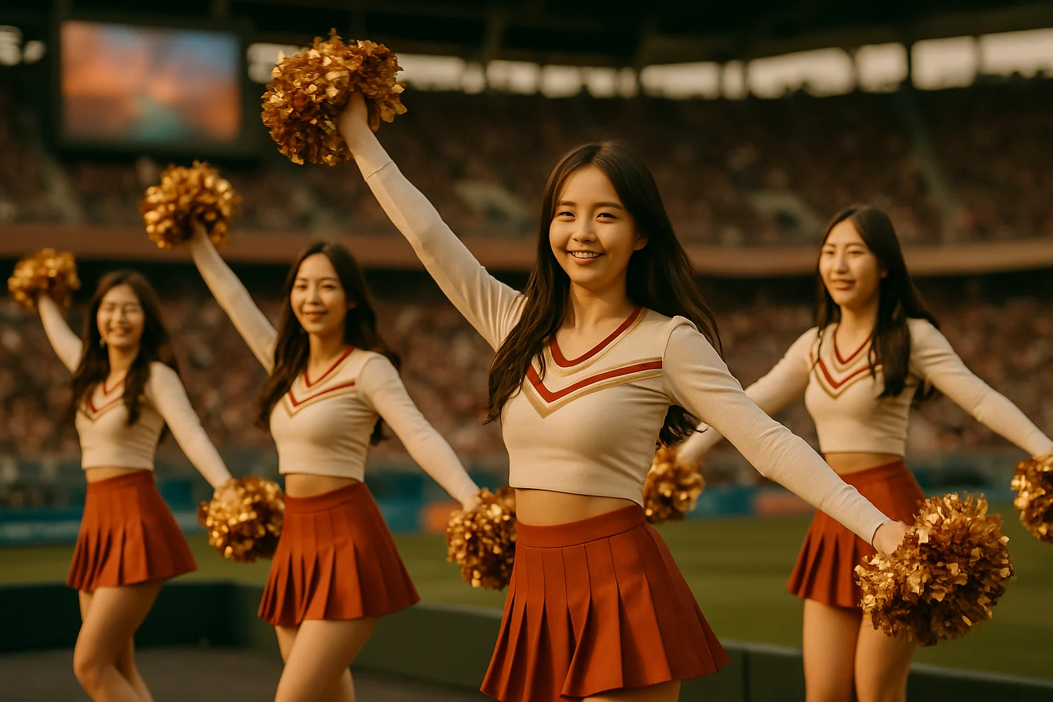 韓國職棒起亞虎啦啦隊APEX成員在球場舞台上進行應援表演