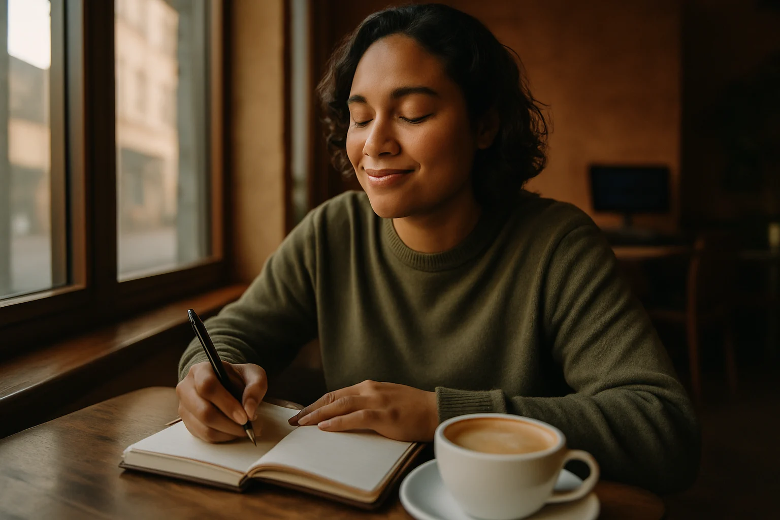 一个人在咖啡馆里专注地写日记，表情平和满足，通过练习提升感知幸福也是一种能力