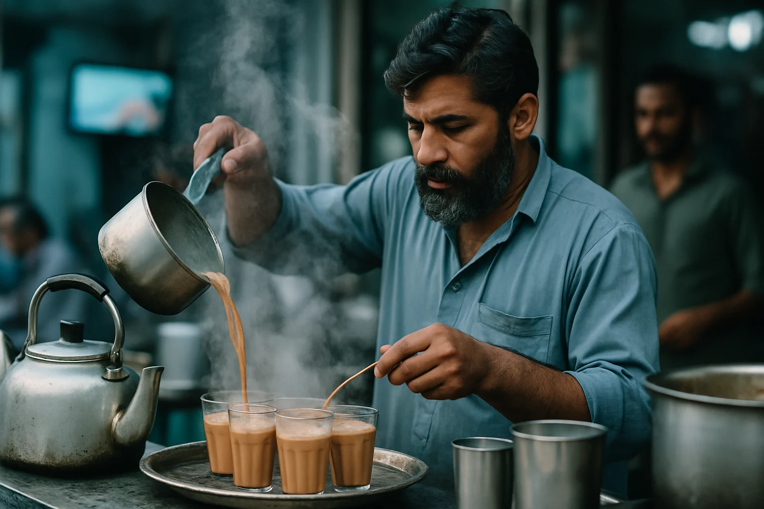 パキスタンの伝統的なチャイを準備する茶売りの男性、湯気の立つグラスが並んでいる