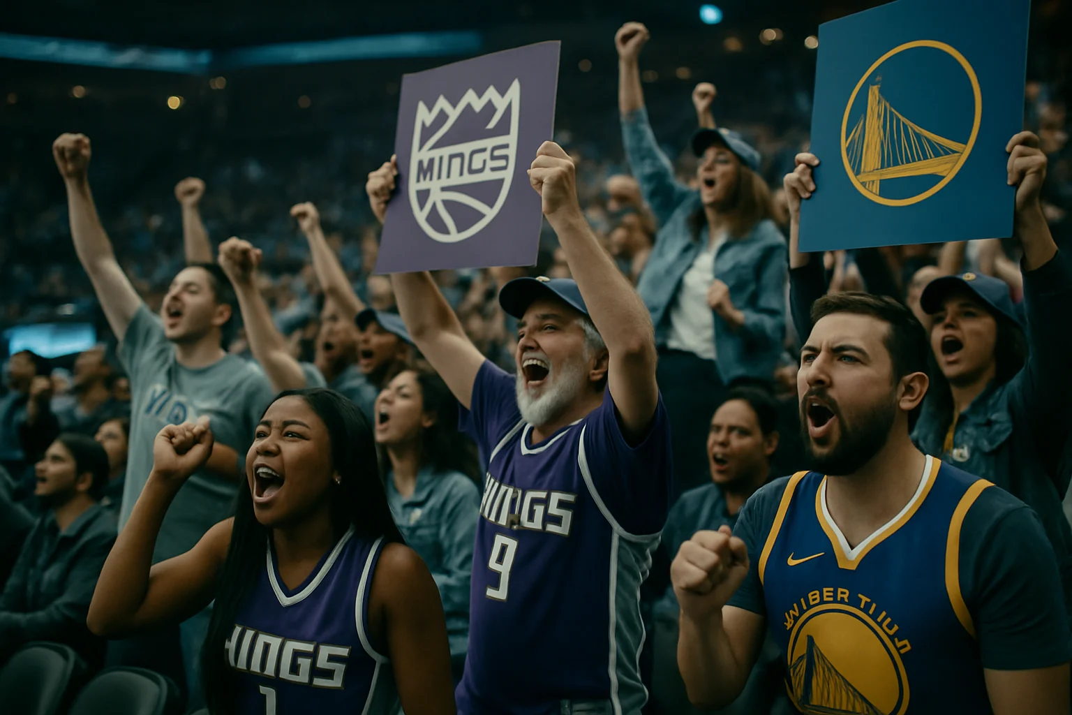 國王隊和勇士隊球迷在球場上的熱情支持場面