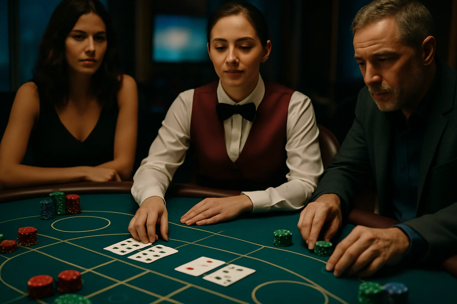 百家樂牌桌俯視圖,顯示莊閒下注區、荷官發牌位置與補牌對照表