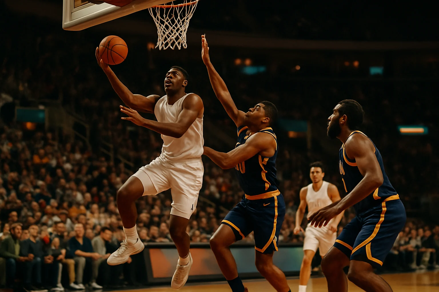 NBA籃球場上球員激烈對抗的俯瞰視角,球迷席爆滿