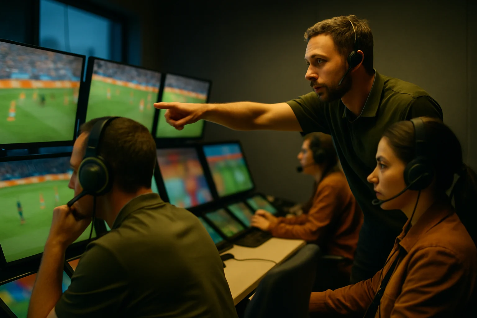 英超比賽中VAR影像輔助裁判室內工作人員正在分析回放畫面