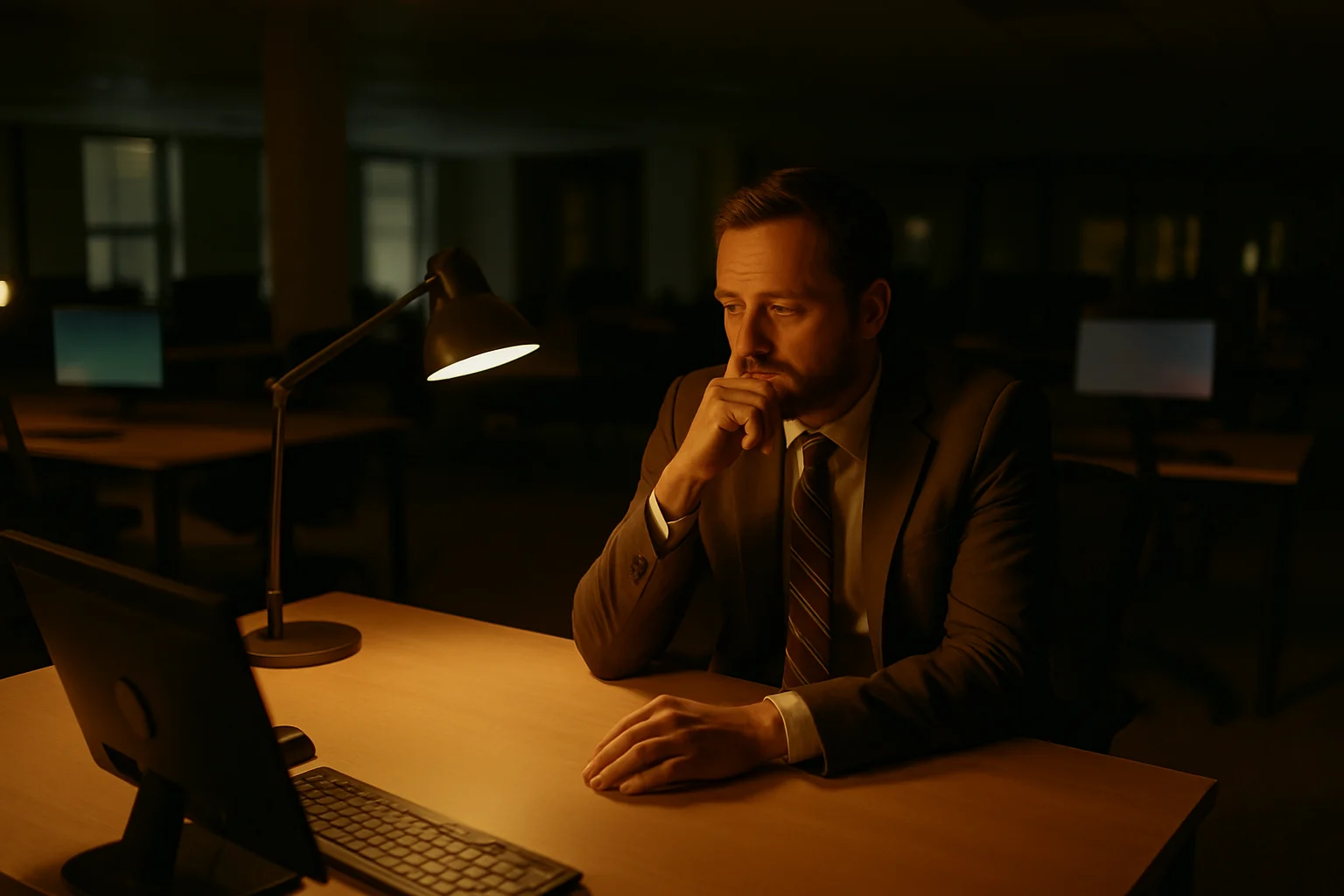 一名身穿工装的工程师独自站在海外沙漠油田的钻井平台旁,背景是夕阳,画面略显苍凉