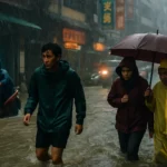 台灣北部鋒面豪雨天氣，烏雲密布街道積水畫面，