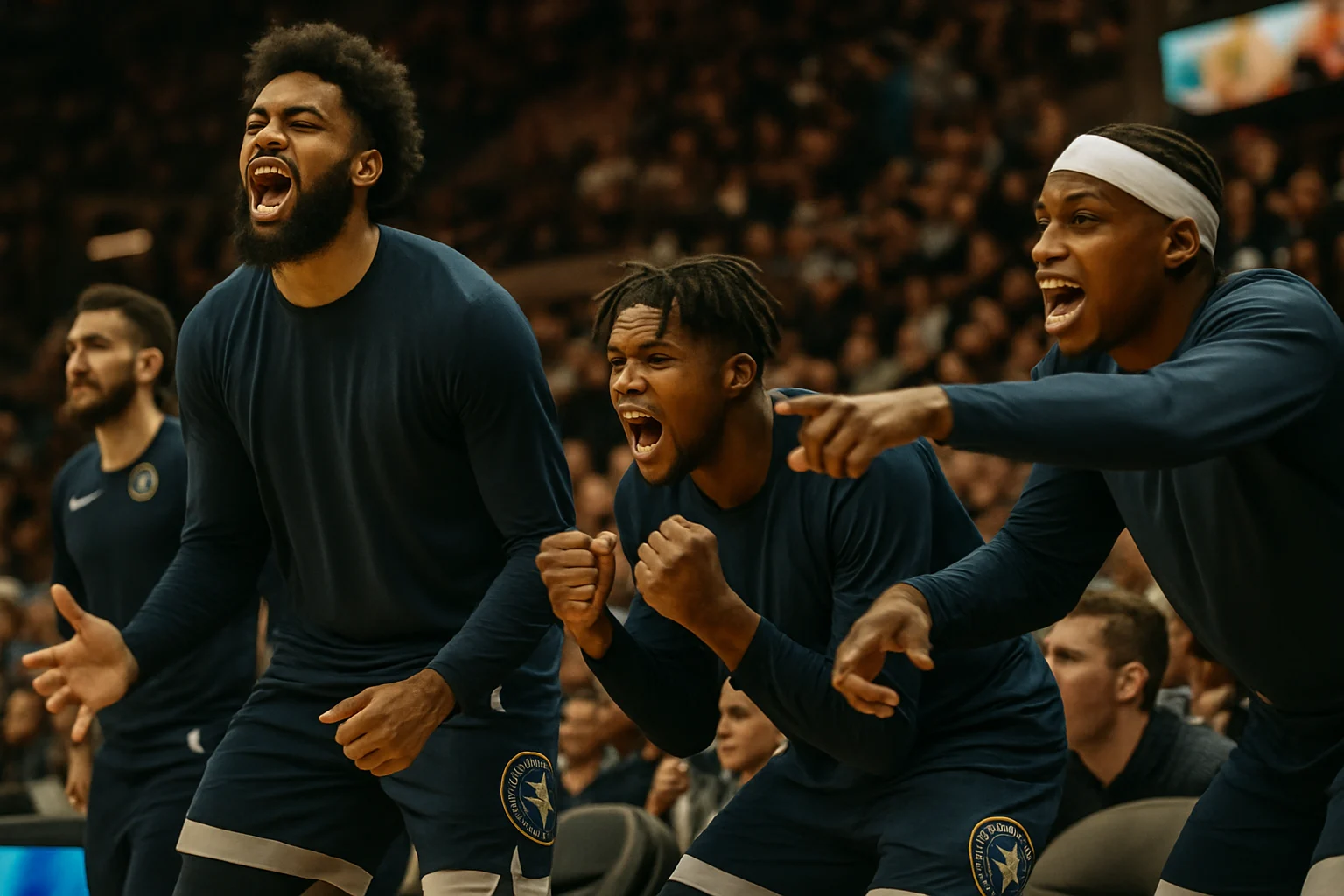 Minnesota Timberwolves bench players rallying during Game 4 after Anthony Edwards and Donte DiVincenzo exit with injuries, April 2026 NBA playoffs