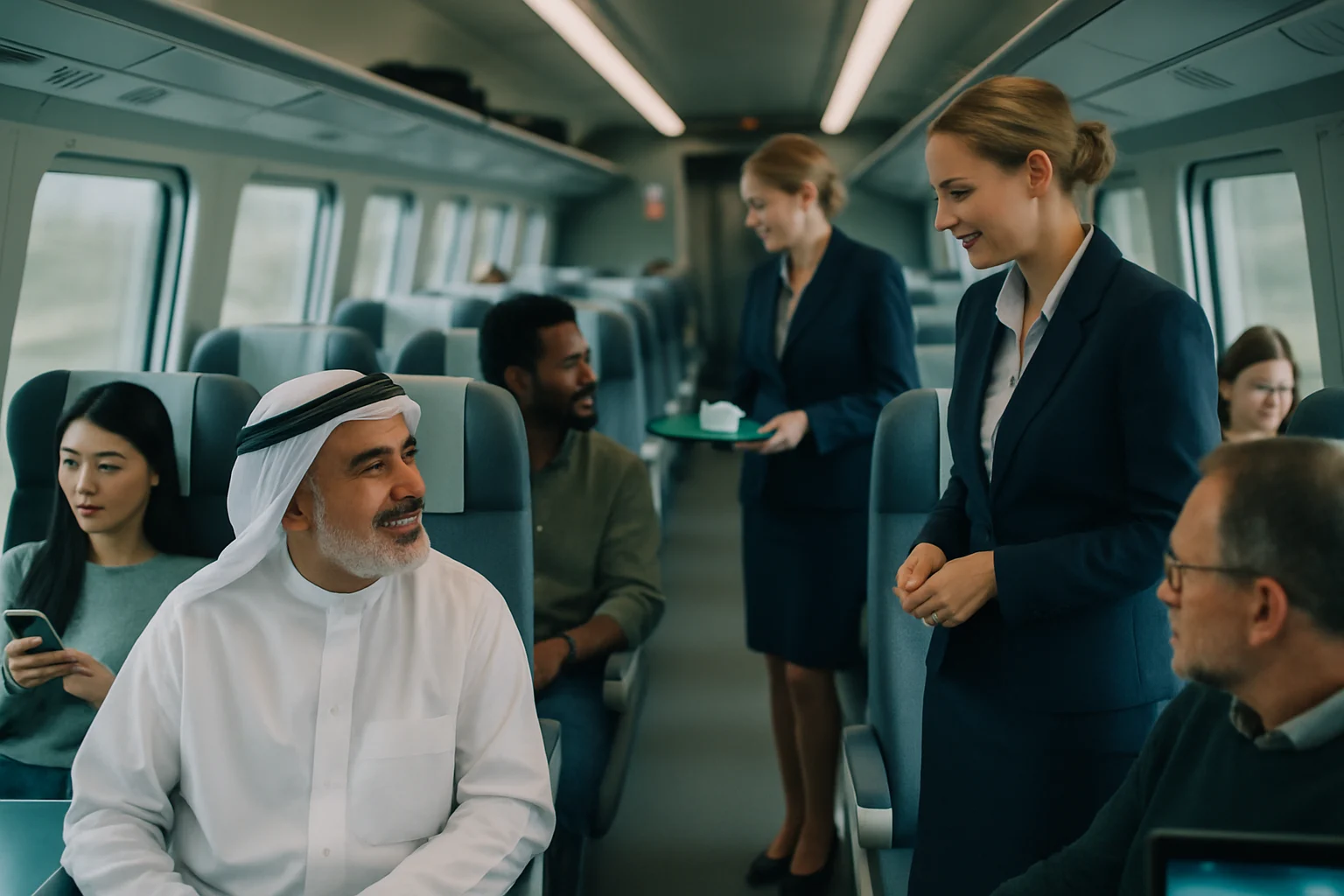 高铁车厢内多国乘客和谐共处,乘务员提供贴心服务的温馨场面