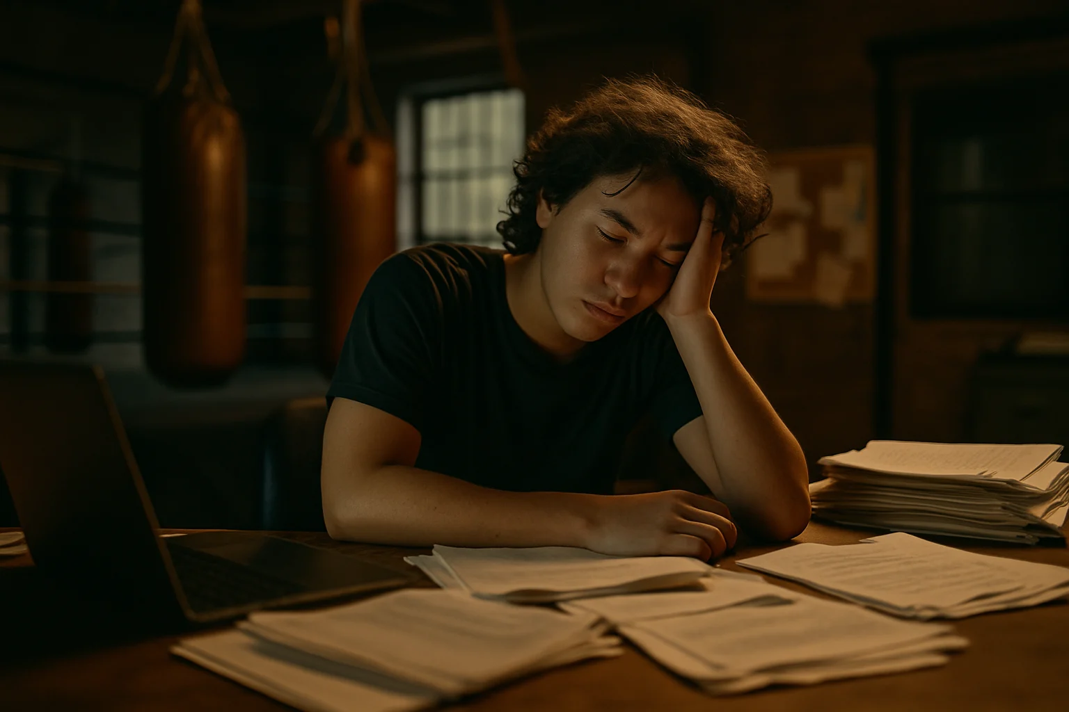 年轻人深夜在拳馆办公室处理事务，显示过度工作和熬夜的状态