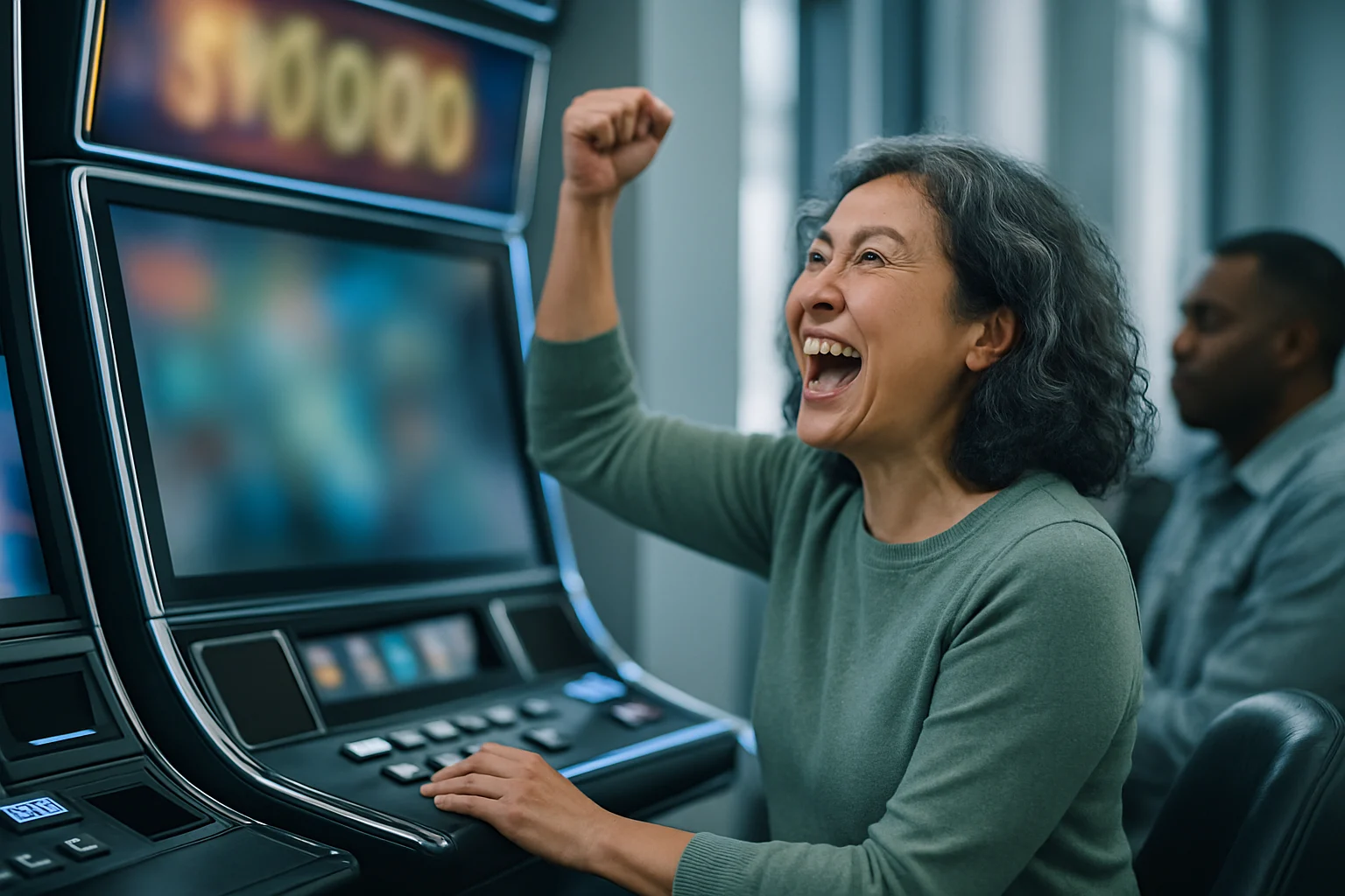 Màn hình slot machine jackpot tiến bộ hiển thị con số jackpot tích lũy và các biểu tượng đặc biệt