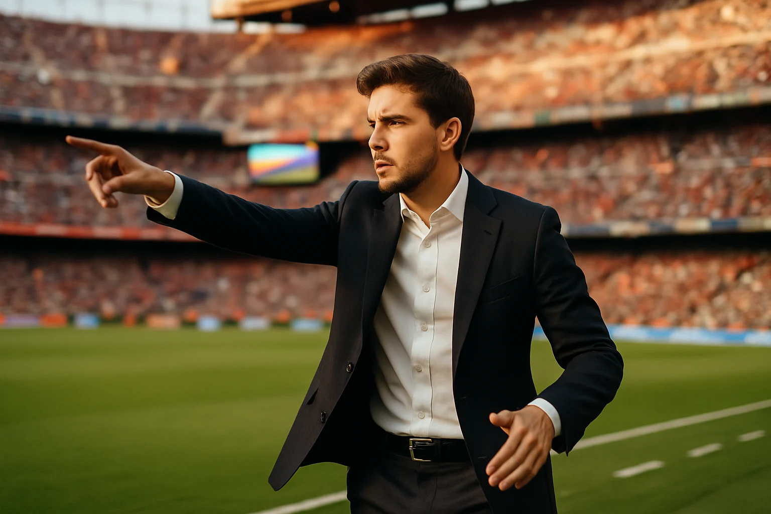 西甲教練席上年輕主帥指揮比賽的專注神情