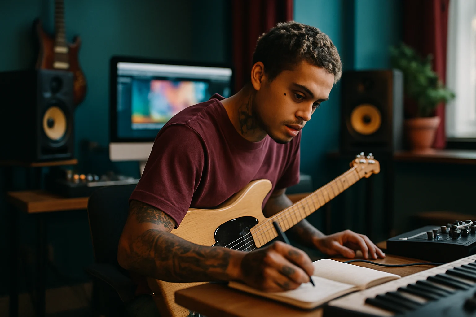 Dominic Fike writing music in home studio surrounded by guitars and recording equipment