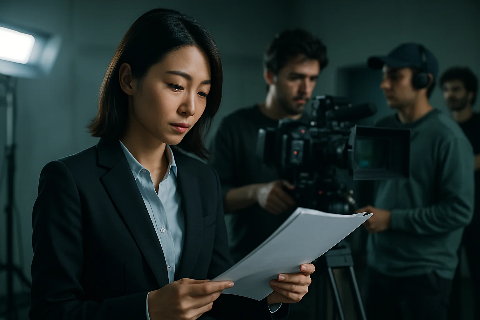 有働由美子がドラマ撮影現場で台本を読んでいる様子