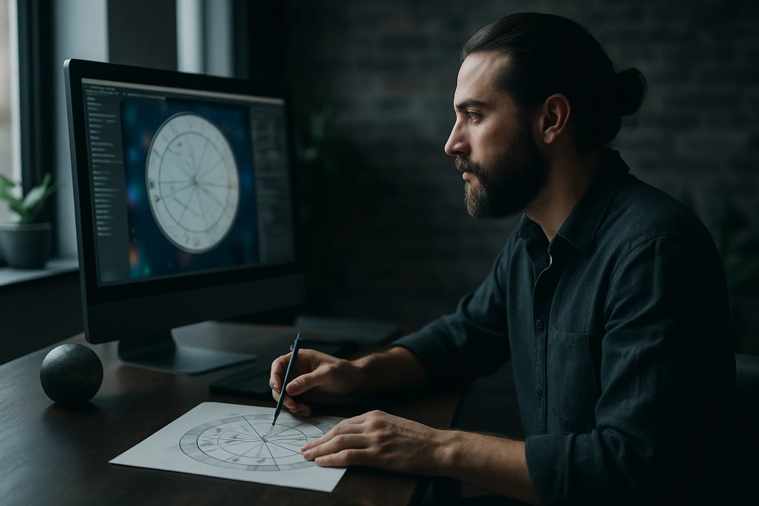 唐綺陽在工作室中使用星盤軟體進行占星分析的專業畫面