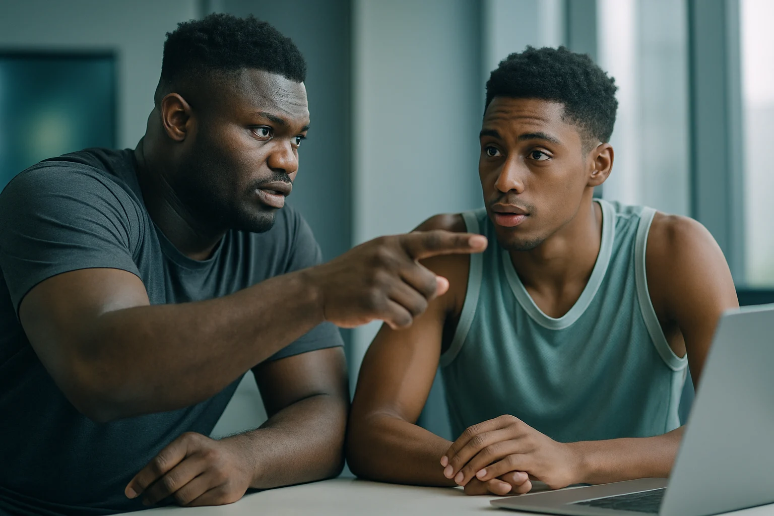 Zion Williamson giving tactical instructions to New Orleans Pelicans teammates during a timeout huddle with intense focus