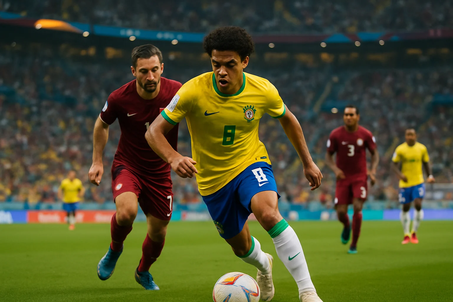 足球員在球場上激烈爭奪,展現世足賽事的緊張氣氛