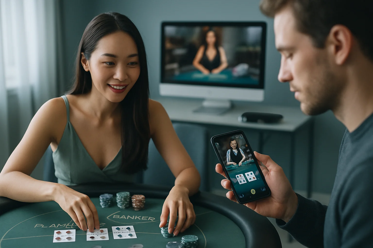 Giao diện game baccarat và blackjack trong cá cược casino trực tuyến trên nền tảng live dealer