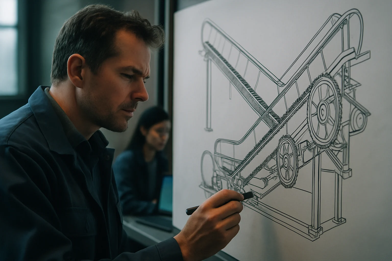 自动扶梯传动机械结构示意图,展示扶梯台阶导轨与传动链条