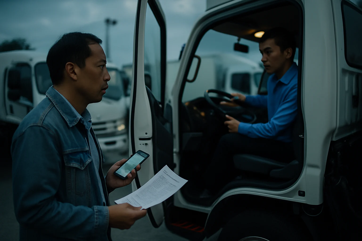 Khách hàng đang tham khảo và thử nghiệm xe tải tại showroom chính hãng