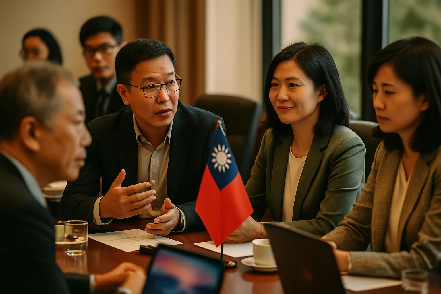 兩岸代表在會議桌前握手,背景是台灣與中國地圖的示意圖