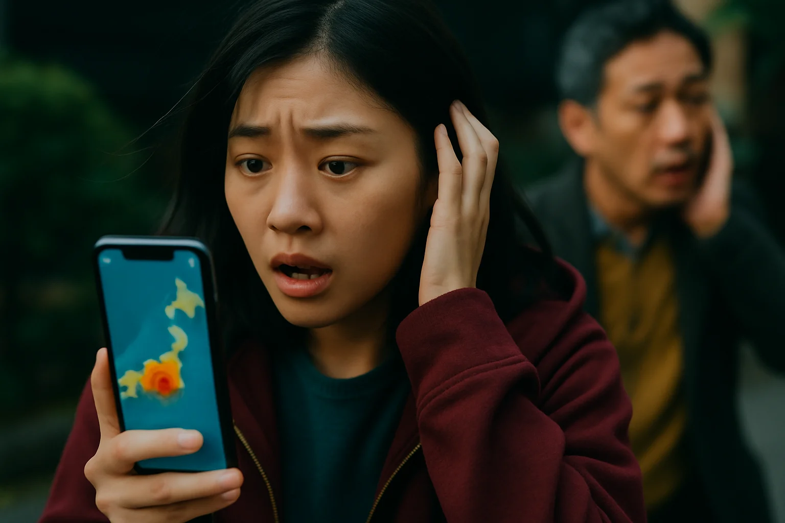 スマートフォンに表示された緊急地震速報アラートと震度5強の震源地マップ