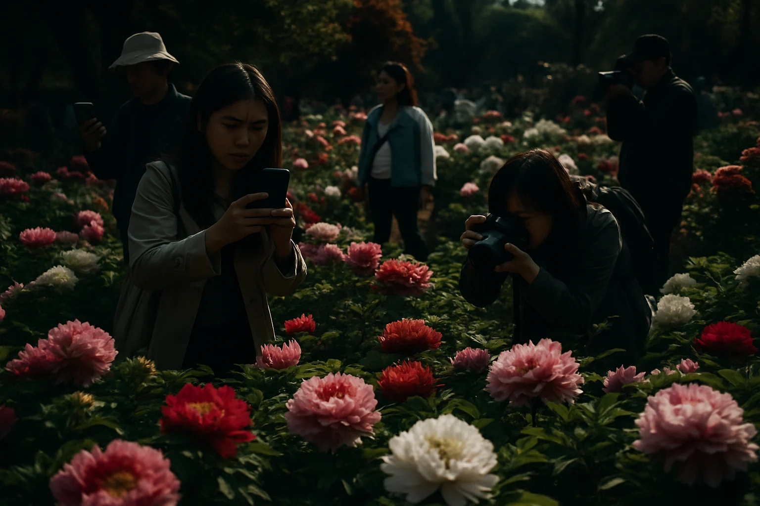 洛阳牡丹文化节期间，游客在牡丹园中赏花拍照的场景