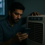 तीन अलग-अलग air cooler models — desert, tower और personal — को एक ही कमरे में side-by-side रखकर testing करते हुए