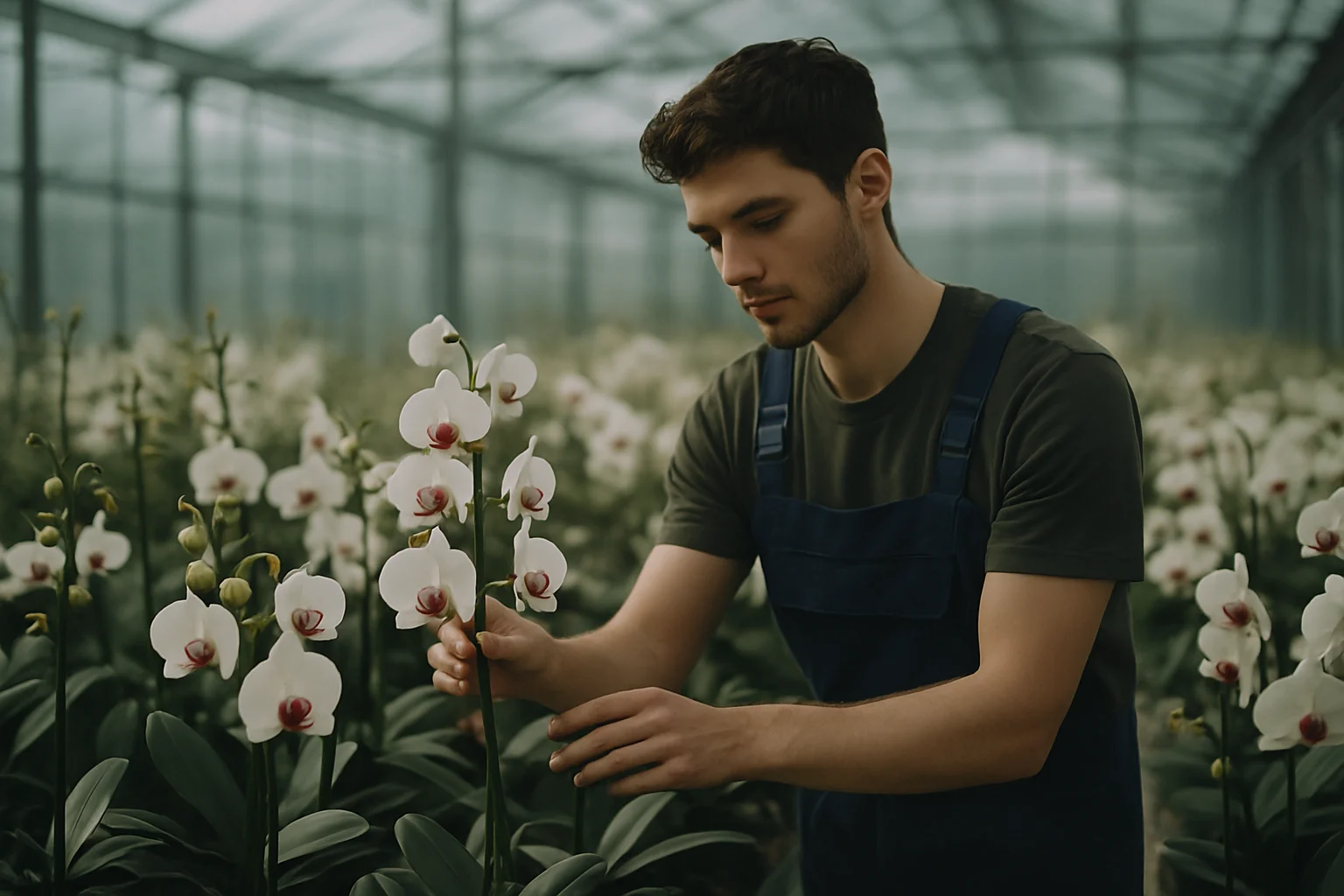 邓锐斌在兰花基地工作的日常场景