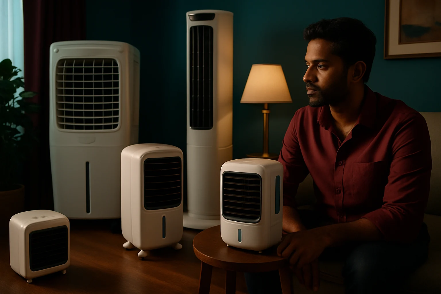 चार प्रकार के air cooler — desert, tower, personal और window cooler को अलग-अलग room settings में दिखाता हुआ comparison diagram