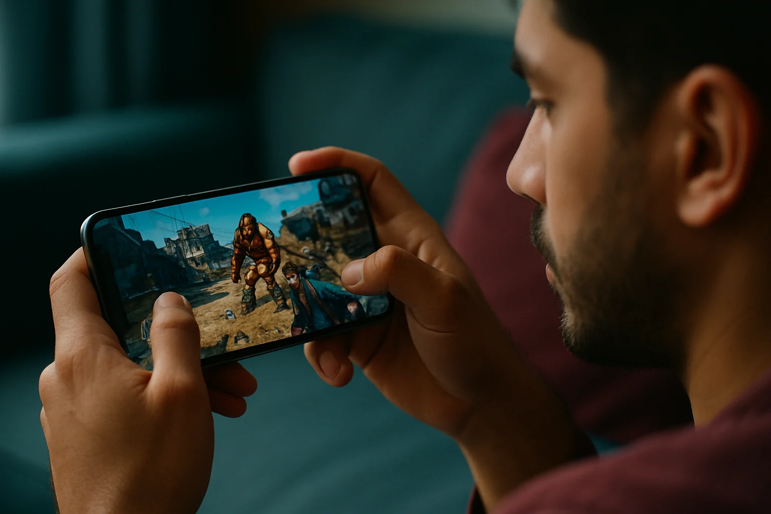 Borderlands mobile game running on iPhone showing smooth 60fps combat with multiple enemies and explosion effects in Pandora desert environment