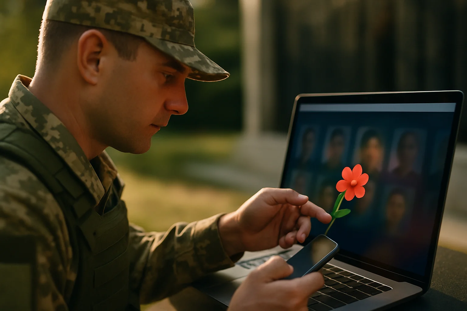 边防战士使用手机在烈士寻亲平台上为英烈献花的画面