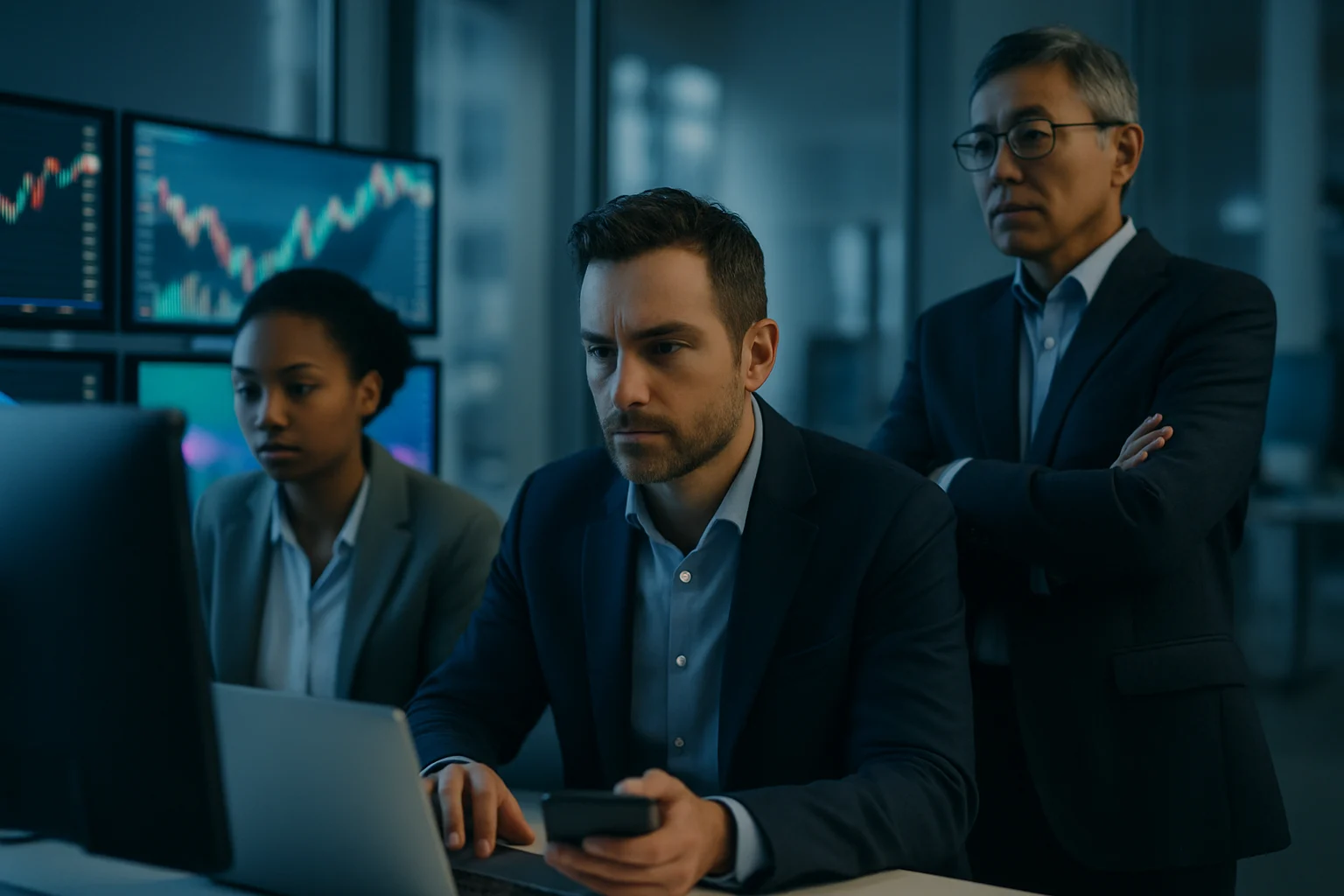 投資人坐在電腦前分析台積電ADR的股價走勢圖與財報數據，旁邊放著咖啡和筆記本