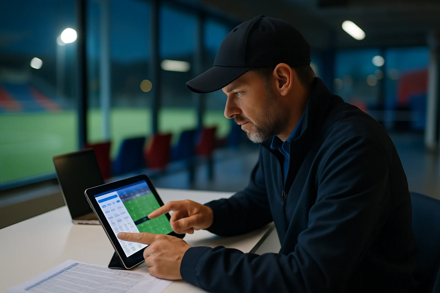球探使用平板電腦分析球員數據和比賽影片