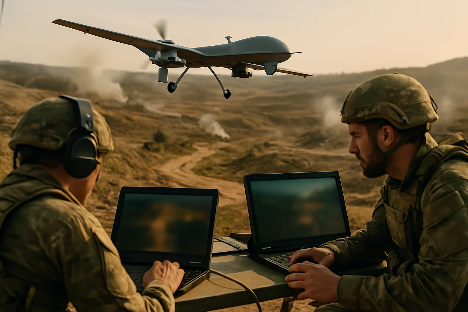 現代軍隊使用無人機進行偵察作戰的示意圖