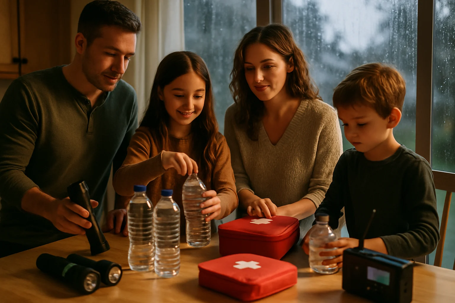 豪雨期間家庭防災用品整理在桌上的實用場景