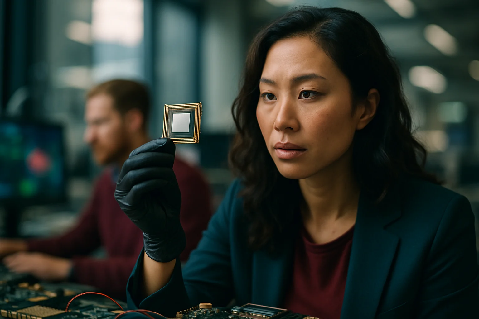特斯拉晶片研發團隊在實驗室工作的場景,展示高科技研發環境